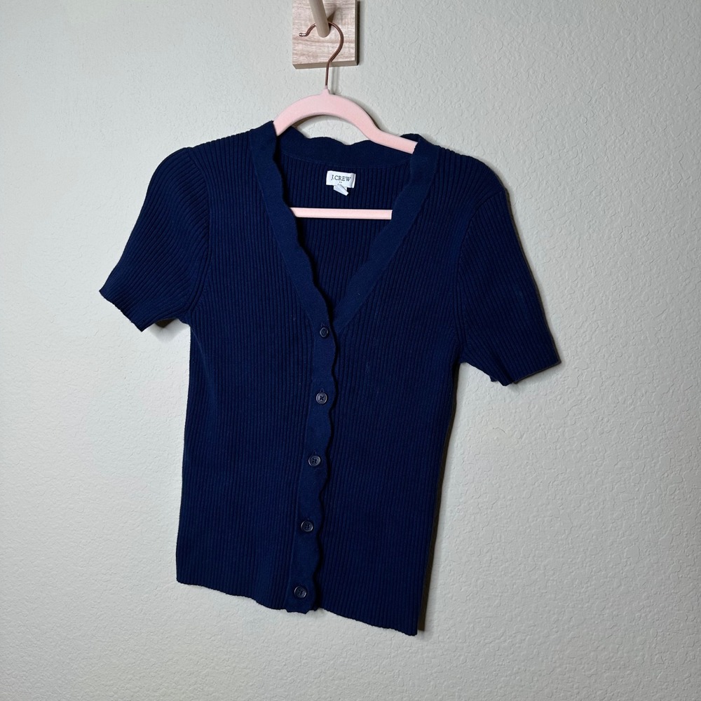 J.Crew Navy Blue Scalloped Ribbed Short Sleeve Cardigan Sweater Small Dark Acade